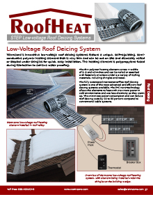 RoofHeat low-voltage roof deicing system product catalog breakout.