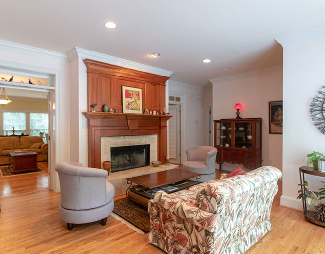 Heated hardwood floor in living room.