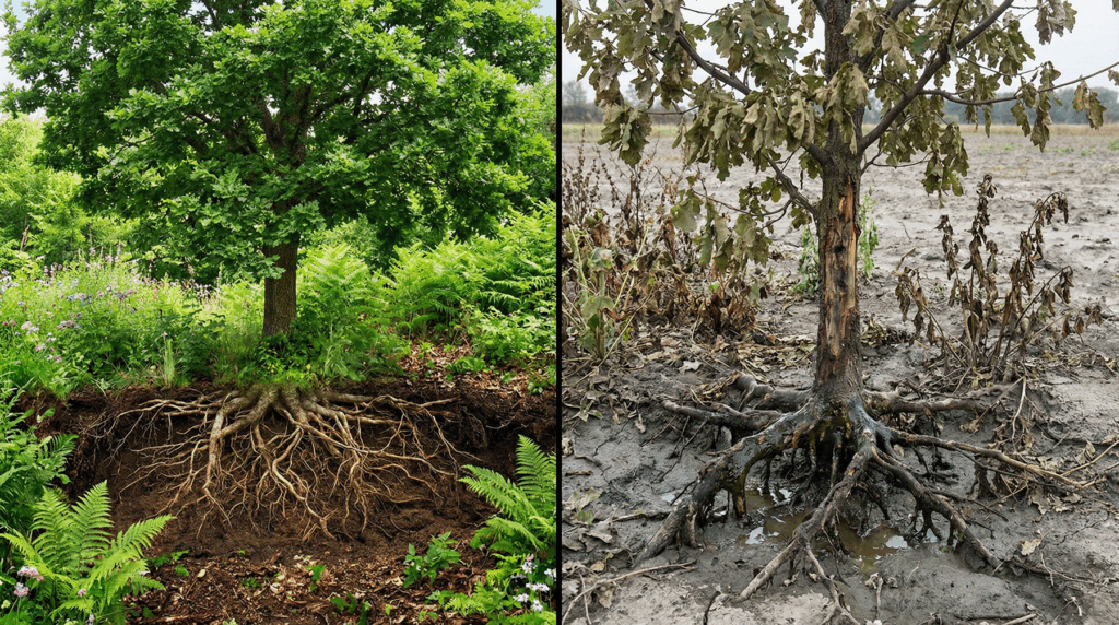 Split image. On the left side is a green and thriving tree with healthy roots. On the right side is a dying tree that is mostly brown. The roots are shriveled.