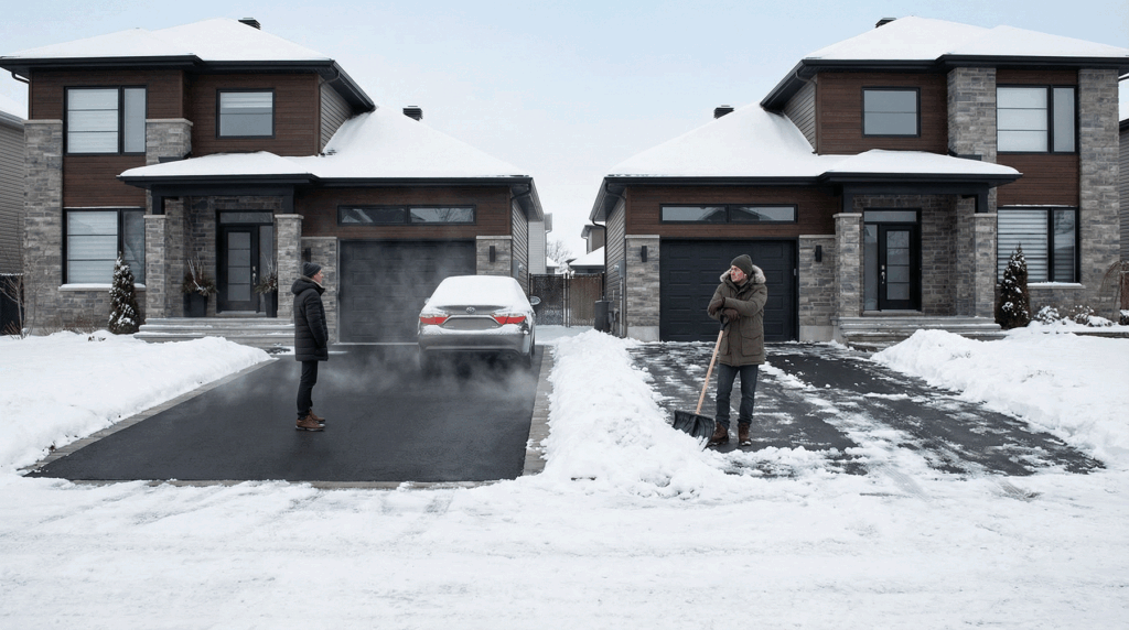 Winter scene with two houses, one who's driveway is cleared and heated with steam rising, the other is covered with partially shoveled snow. A man stands in the cleared driveway looking at the man in the snowy driveway who is leaning on his shovel and admiring the cleared driveway.
