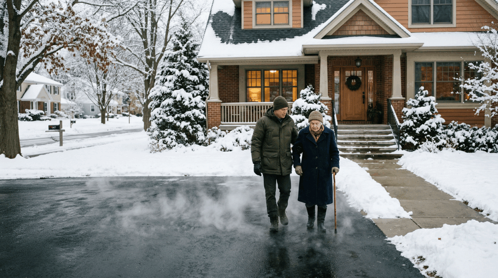 Man walking elderly woman with a cane across a heated and cleared driveway that has steam rising up. In the background is a snow-covered house.