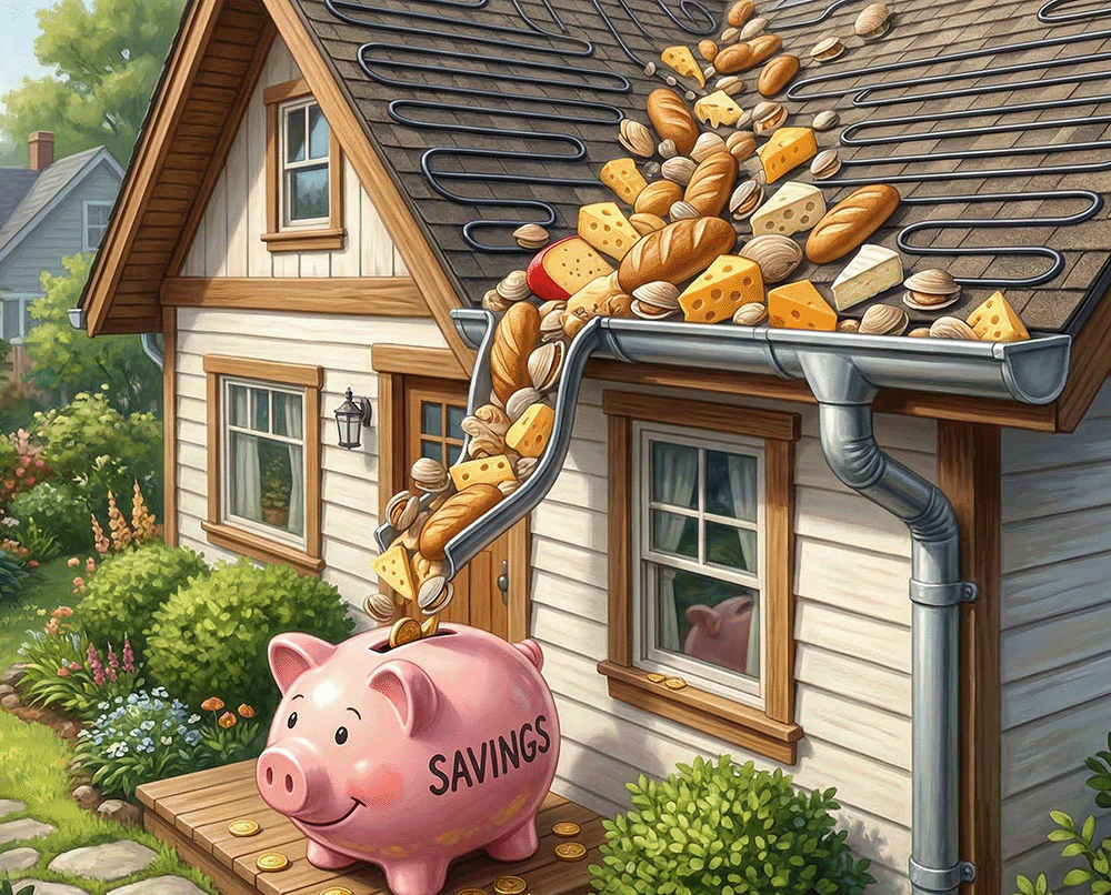 bread, clams, and cheddar sliding off roof into a piggy bank