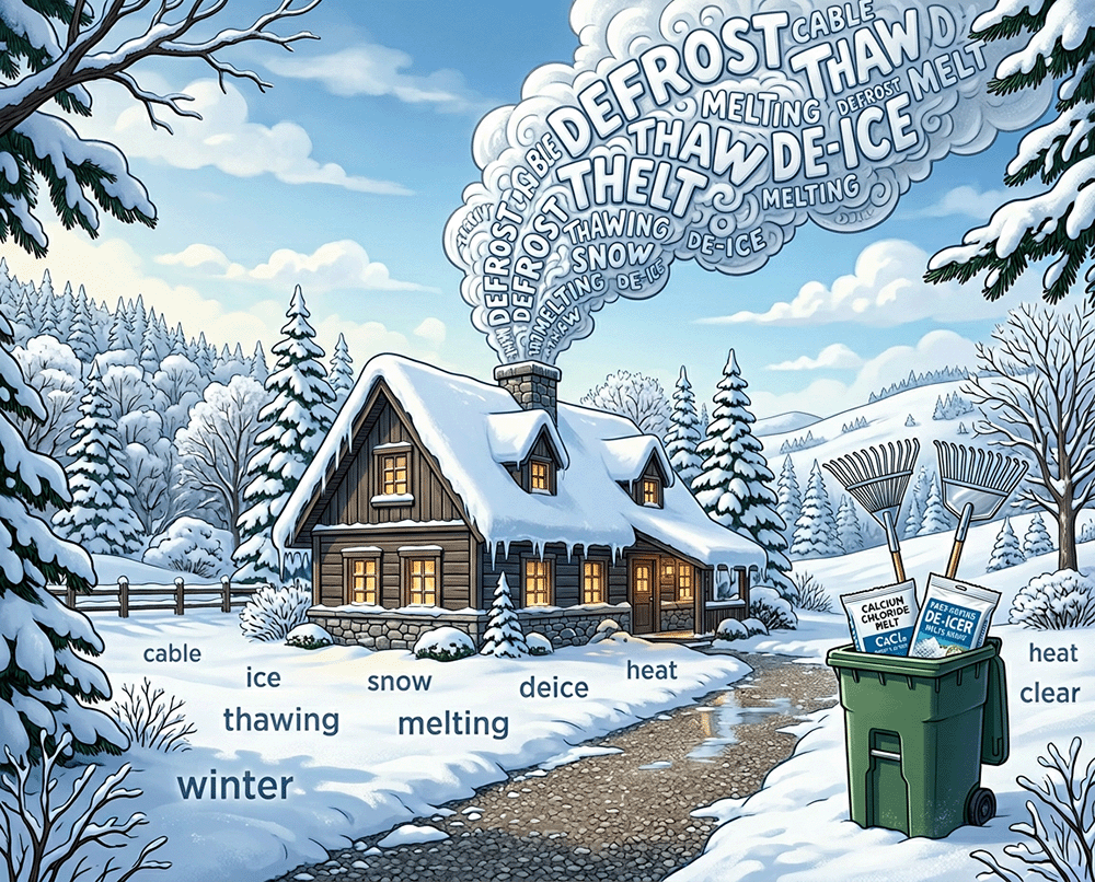 animation-style cabin in the words with words for deicing coming out of chimney and on snow-covered lawn. The garbage can is full of snow rakes and bags of deicer.