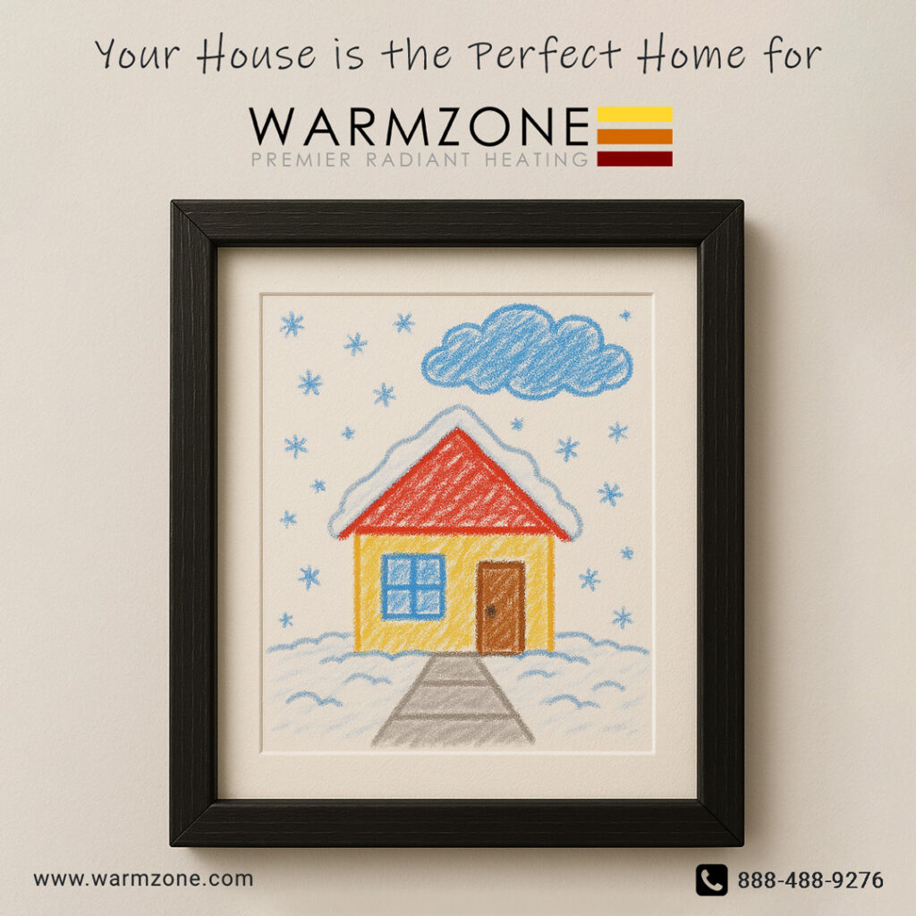 Framed crayon-style drawing of a house in winter, with snow on the ground and falling snowflakes. Text reads “Your house is the perfect home for Warmzone” with contact info and Warmzone logo.