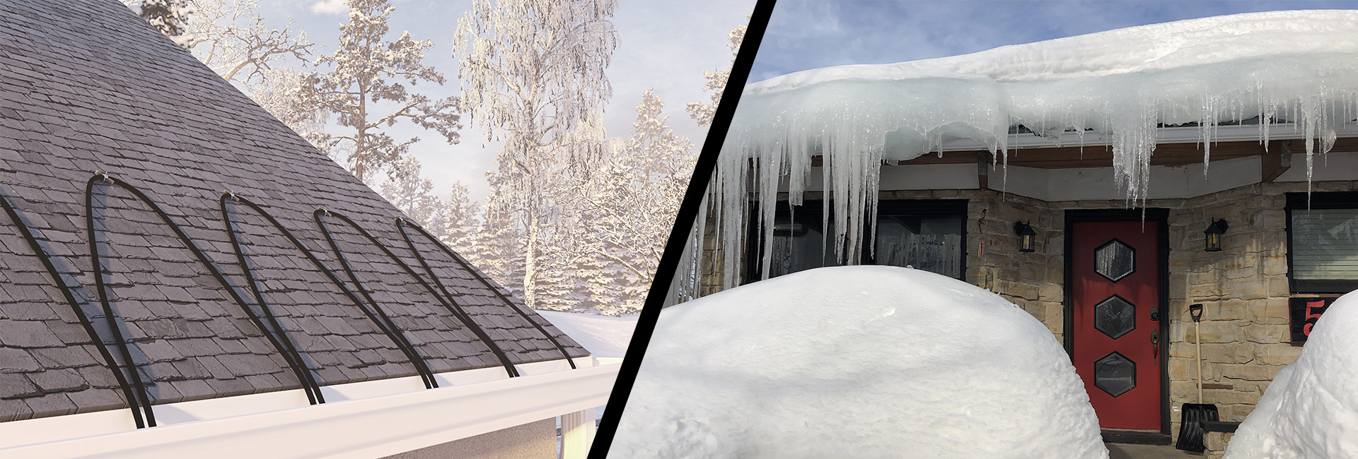 Split image of two roofs. Left one is cleared of snow and has heating cable. The right on is covered in snow and ice.
