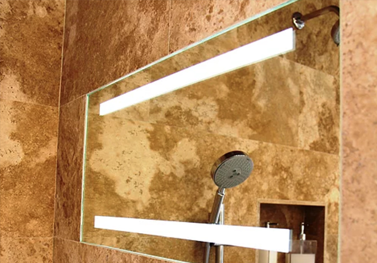 Fog free shower mirror with LED lighting
