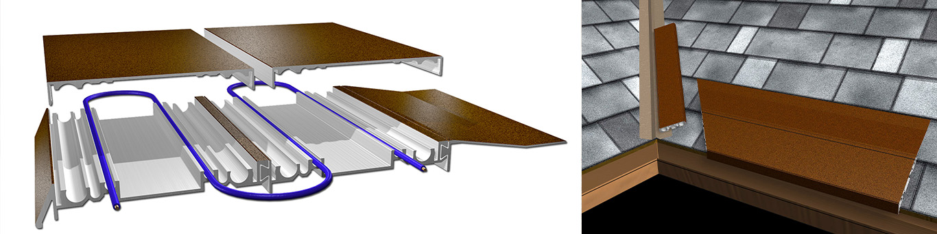 Illustrations of self-regulating heat cable in roof de-icing panels