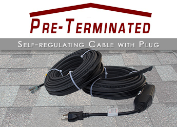 Self-regulating pre-terminated heat trace cable for heating metal standing seam roofs