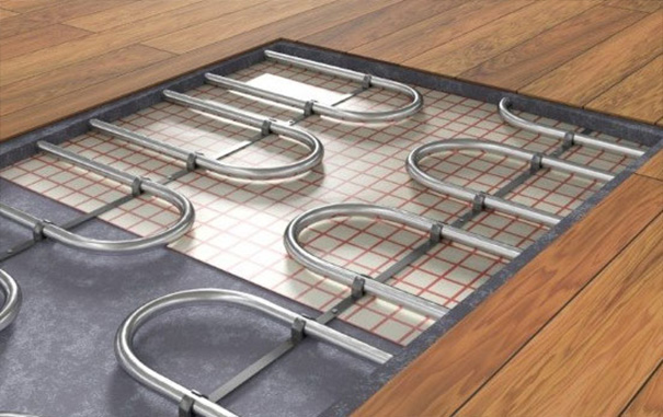 Cutaway showing hydronic floor heating system