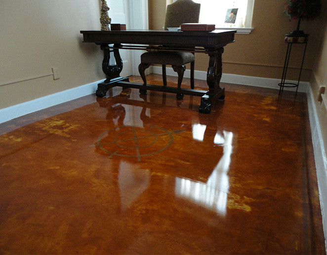 A heated decorative concrete floor