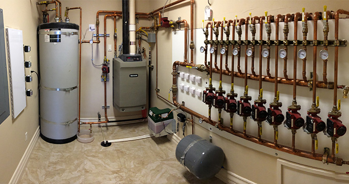 Hydronic floor heating system mechanical room