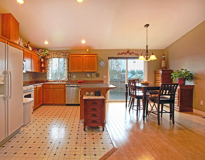 Heated laminate floors in kitchen and dining room