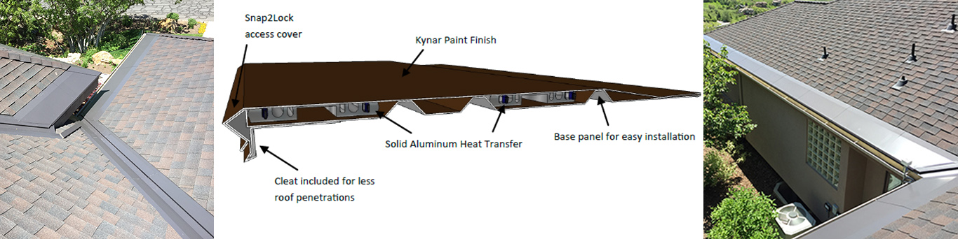 Illustrations of self-regulating heat cable in roof de-icing panels