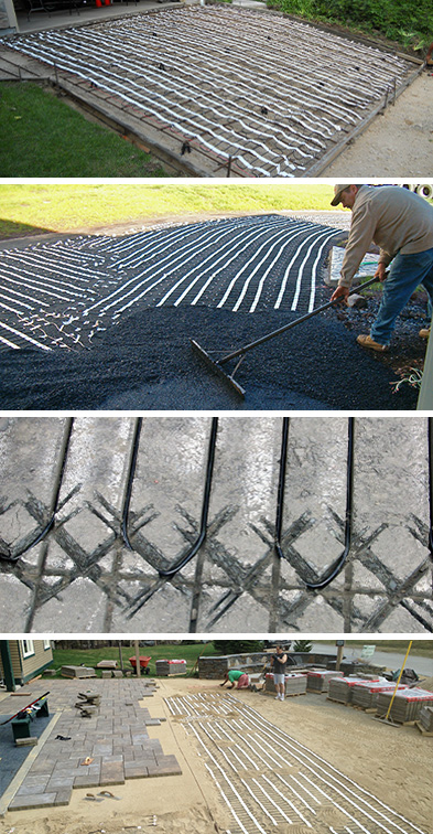 Various snow melting system applications being installed