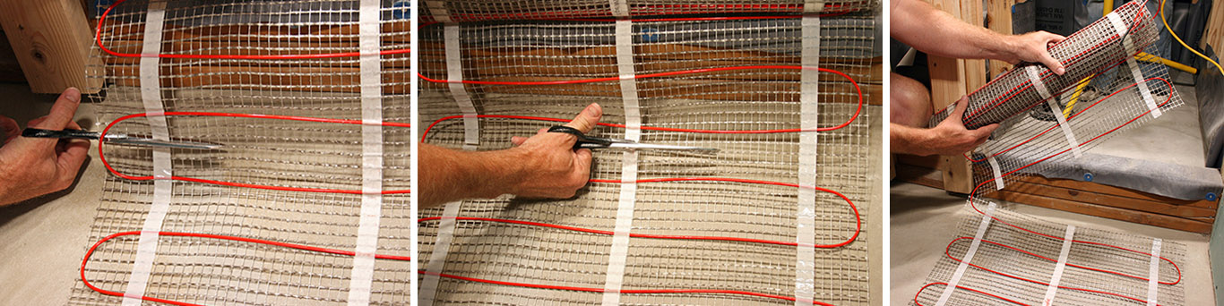 Cutting the ComfortTile floor heating mat backing to make turns