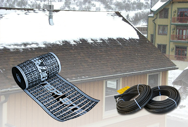 Roof heating system installed under shingles. Low-voltage element and self-reg cable shown.