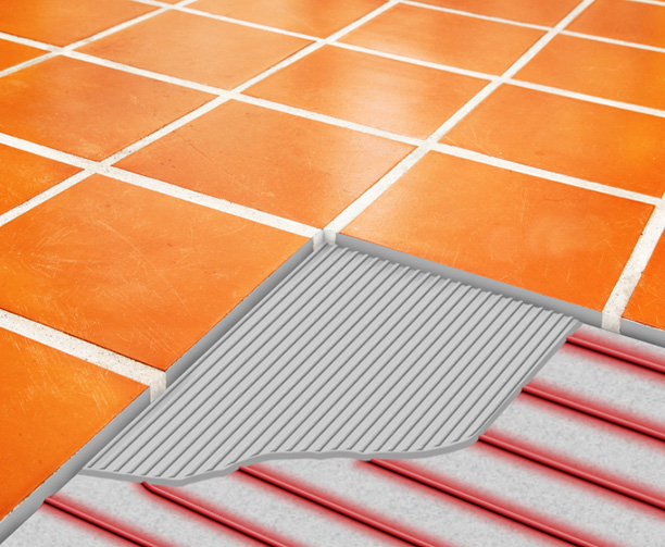 Heated floor with cutaway showing thinset and floor heating cable
