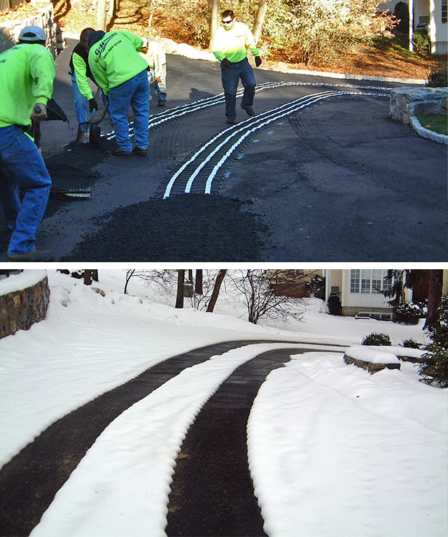 Asphalt driveway being fitted with heated tire tracks